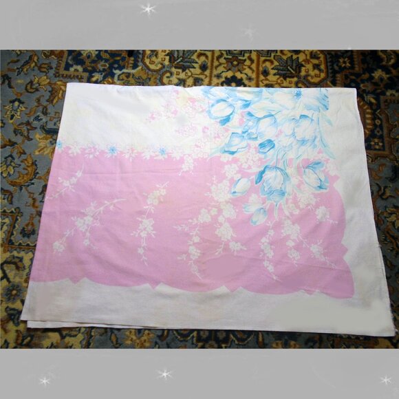 Vintage TABLECLOTH is Linen Pink & White & Turquoise 59 x 78" BIG! - Picture 5 of 11